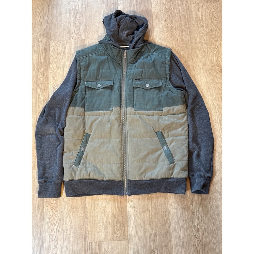 RVCA Hooded Jacket Men's Large Green Grey Quilted Corduroy Hybrid M8713PUB